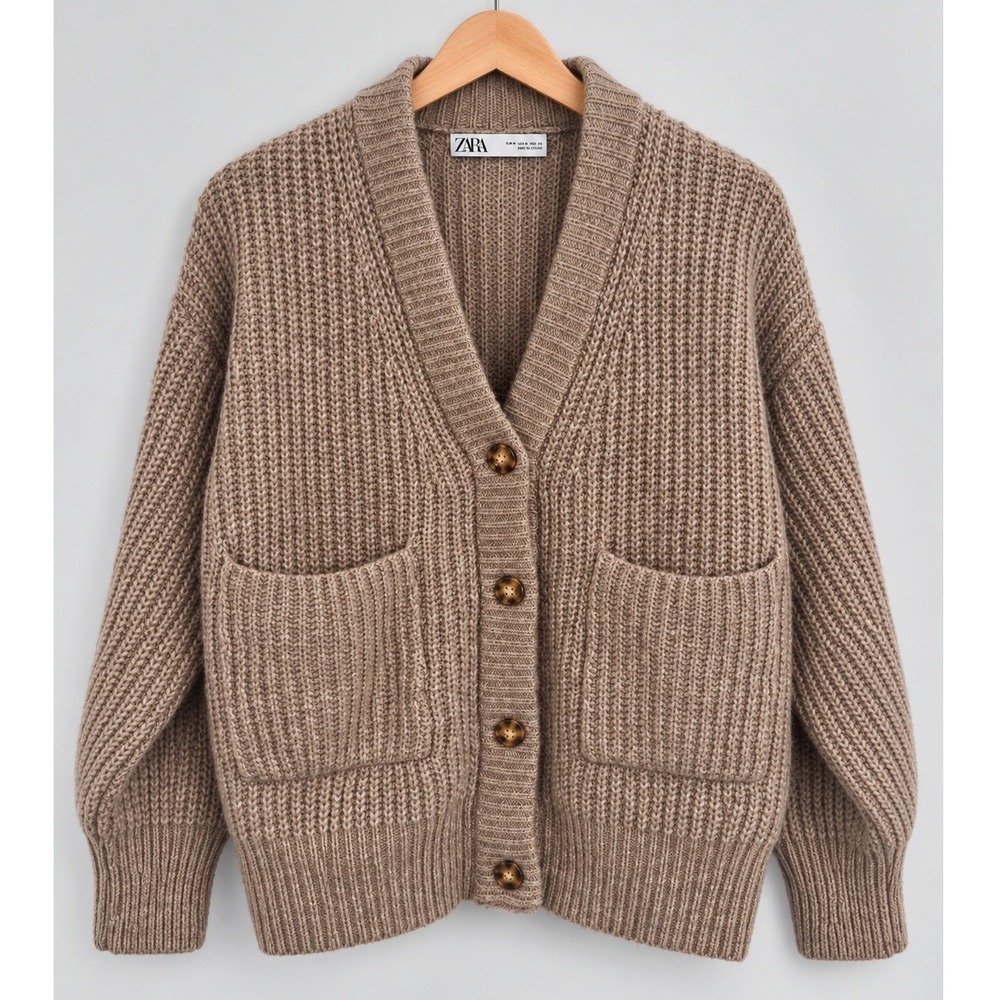 Zara Women's Small Camel Brown Alpaca Wool Blend Oversized Knit Cardigan Sweater